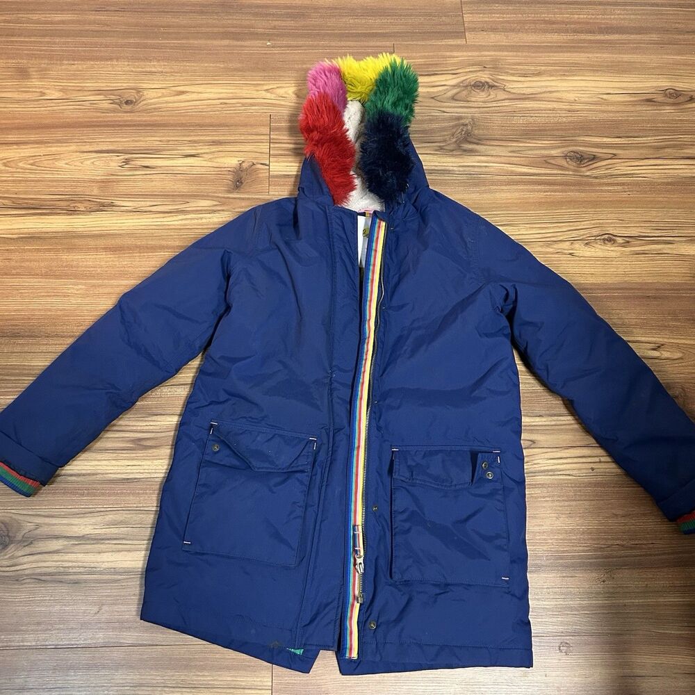 Boden Girls Rainbow Faux Fur Hood Coat 13-14Y Blue Winter Jacket